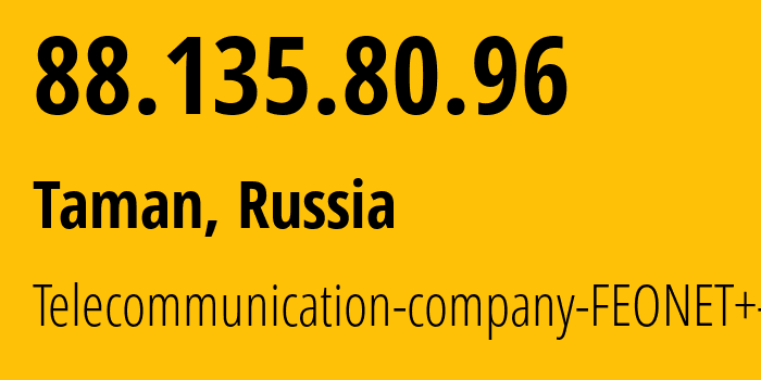 IP-адрес 88.135.80.96 (Тамань, Краснодарский край, Россия) определить местоположение, координаты на карте, ISP провайдер AS12403 Telecommunication-company-FEONET+-LLC // кто провайдер айпи-адреса 88.135.80.96
