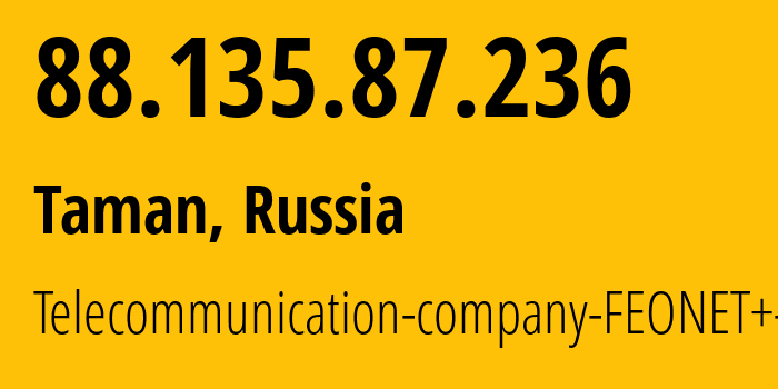 IP address 88.135.87.236 (Taman, Krasnodar Krai, Russia) get location, coordinates on map, ISP provider AS12403 Telecommunication-company-FEONET+-LLC // who is provider of ip address 88.135.87.236, whose IP address