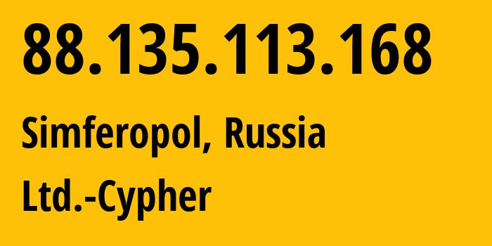 IP address 88.135.113.168 (Simferopol, Crimea, Russia) get location, coordinates on map, ISP provider AS42239 Ltd.-Cypher // who is provider of ip address 88.135.113.168, whose IP address