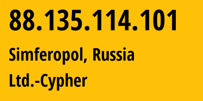 IP address 88.135.114.101 (Simferopol, Crimea, Russia) get location, coordinates on map, ISP provider AS42239 Ltd.-Cypher // who is provider of ip address 88.135.114.101, whose IP address