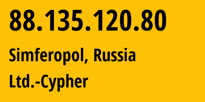 IP address 88.135.120.80 (Simferopol, Crimea, Russia) get location, coordinates on map, ISP provider AS42239 Ltd.-Cypher // who is provider of ip address 88.135.120.80, whose IP address