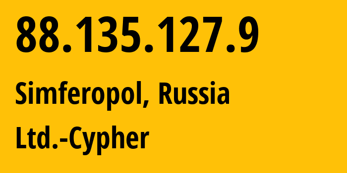 IP address 88.135.127.9 (Simferopol, Crimea, Russia) get location, coordinates on map, ISP provider AS42239 Ltd.-Cypher // who is provider of ip address 88.135.127.9, whose IP address