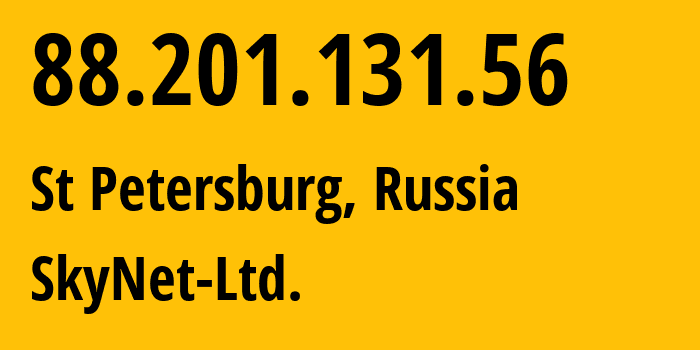 IP-адрес 88.201.131.56 (Санкт-Петербург, Санкт-Петербург, Россия) определить местоположение, координаты на карте, ISP провайдер AS35807 SkyNet-Ltd. // кто провайдер айпи-адреса 88.201.131.56