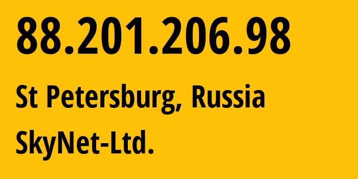 IP-адрес 88.201.206.98 (Санкт-Петербург, Санкт-Петербург, Россия) определить местоположение, координаты на карте, ISP провайдер AS35807 SkyNet-Ltd. // кто провайдер айпи-адреса 88.201.206.98