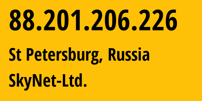 IP-адрес 88.201.206.226 (Санкт-Петербург, Санкт-Петербург, Россия) определить местоположение, координаты на карте, ISP провайдер AS35807 SkyNet-Ltd. // кто провайдер айпи-адреса 88.201.206.226