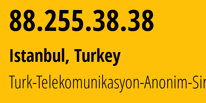 IP-адрес 88.255.38.38 (Анкара, Анкара, Турция) определить местоположение, координаты на карте, ISP провайдер AS9121 Turk-Telekomunikasyon-Anonim-Sirketi // кто провайдер айпи-адреса 88.255.38.38