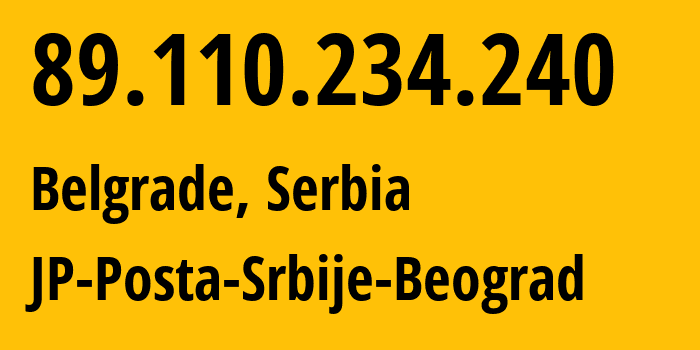 IP address 89.110.234.240 (Belgrade, Central Serbia, Serbia) get location, coordinates on map, ISP provider AS13091 JP-Posta-Srbije-Beograd // who is provider of ip address 89.110.234.240, whose IP address