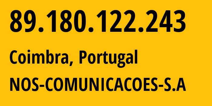IP address 89.180.122.243 (Coimbra, Coimbra, Portugal) get location, coordinates on map, ISP provider AS2860 NOS-COMUNICACOES-S.A // who is provider of ip address 89.180.122.243, whose IP address
