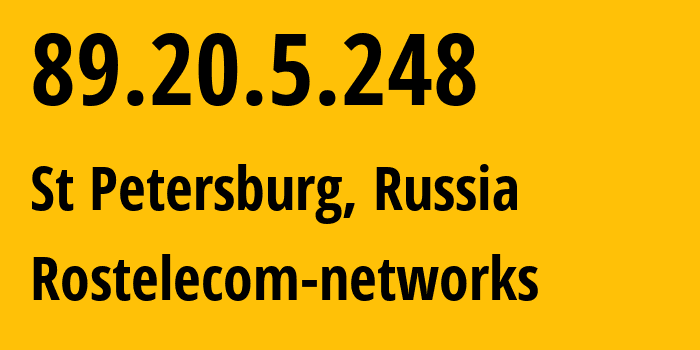 IP address 89.20.5.248 (St Petersburg, St.-Petersburg, Russia) get location, coordinates on map, ISP provider AS12389 Rostelecom-networks // who is provider of ip address 89.20.5.248, whose IP address