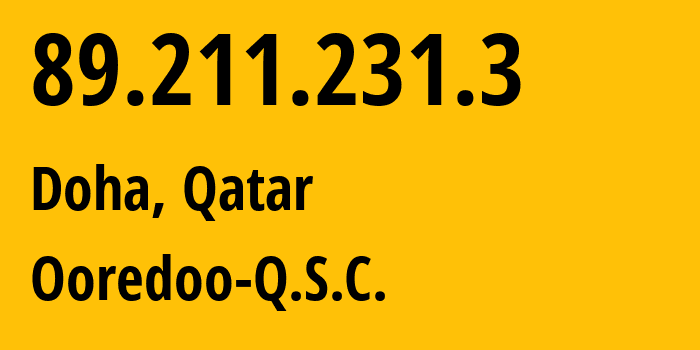 IP-адрес 89.211.231.3 (Доха, Baladīyat ad Dawḩah, Катар) определить местоположение, координаты на карте, ISP провайдер AS42298 Ooredoo-Q.S.C. // кто провайдер айпи-адреса 89.211.231.3