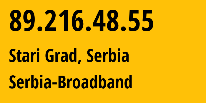 IP-адрес 89.216.48.55 (Стари-Град, Центральная Сербия, Сербия) определить местоположение, координаты на карте, ISP провайдер AS31042 Serbia-Broadband // кто провайдер айпи-адреса 89.216.48.55