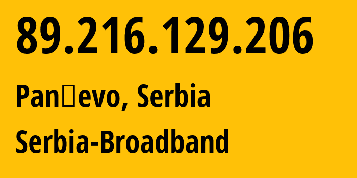 IP address 89.216.129.206 (Pančevo, Vojvodina, Serbia) get location, coordinates on map, ISP provider AS31042 Serbia-Broadband // who is provider of ip address 89.216.129.206, whose IP address