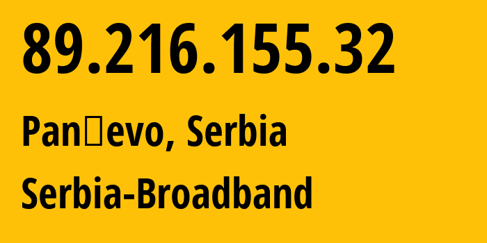 IP-адрес 89.216.155.32 (Панчево, Воеводина, Сербия) определить местоположение, координаты на карте, ISP провайдер AS31042 Serbia-Broadband // кто провайдер айпи-адреса 89.216.155.32