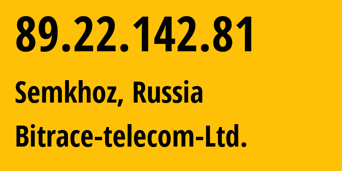 IP address 89.22.142.81 (Semkhoz, Moscow Oblast, Russia) get location, coordinates on map, ISP provider AS49893 Bitrace-telecom-Ltd. // who is provider of ip address 89.22.142.81, whose IP address