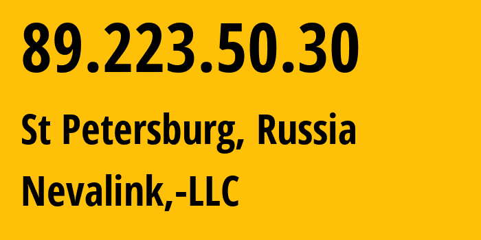 IP-адрес 89.223.50.30 (Санкт-Петербург, Санкт-Петербург, Россия) определить местоположение, координаты на карте, ISP провайдер AS42668 Nevalink,-LLC // кто провайдер айпи-адреса 89.223.50.30