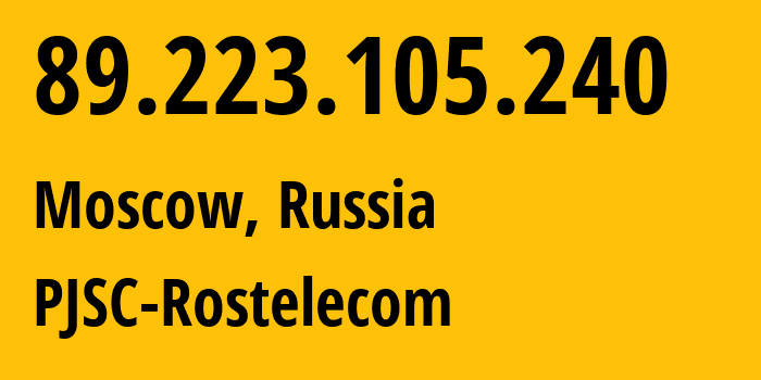 IP address 89.223.105.240 (Moscow, Moscow, Russia) get location, coordinates on map, ISP provider AS12389 PJSC-Rostelecom // who is provider of ip address 89.223.105.240, whose IP address