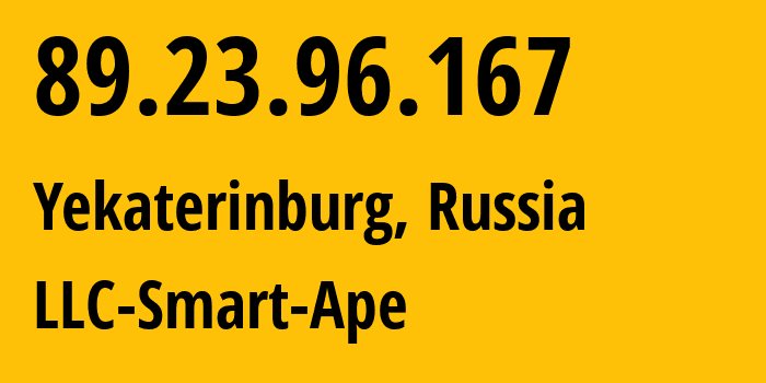 IP-адрес 89.23.96.167 (Екатеринбург, Свердловская Область, Россия) определить местоположение, координаты на карте, ISP провайдер AS56694 LLC-Smart-Ape // кто провайдер айпи-адреса 89.23.96.167