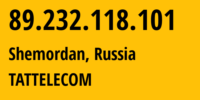 IP address 89.232.118.101 (Shemordan, Tatarstan Republic, Russia) get location, coordinates on map, ISP provider AS28840 TATTELECOM // who is provider of ip address 89.232.118.101, whose IP address