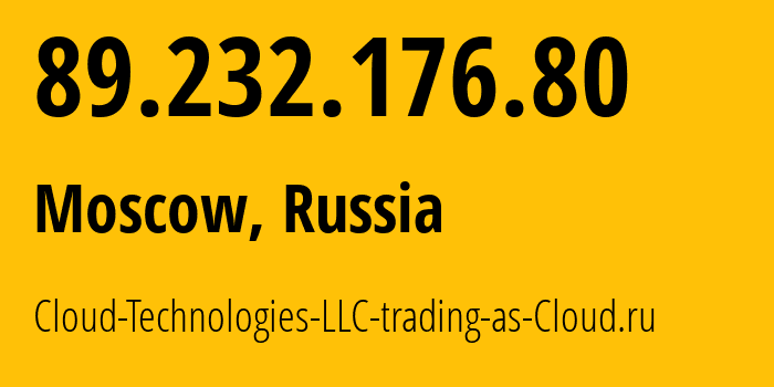 IP-адрес 89.232.176.80 (Москва, Москва, Россия) определить местоположение, координаты на карте, ISP провайдер AS208677 Cloud-Technologies-LLC-trading-as-Cloud.ru // кто провайдер айпи-адреса 89.232.176.80