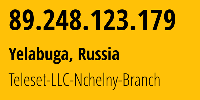 IP-адрес 89.248.123.179 (Елабуга, Татарстан, Россия) определить местоположение, координаты на карте, ISP провайдер AS24810 Teleset-LLC-Nchelny-Branch // кто провайдер айпи-адреса 89.248.123.179