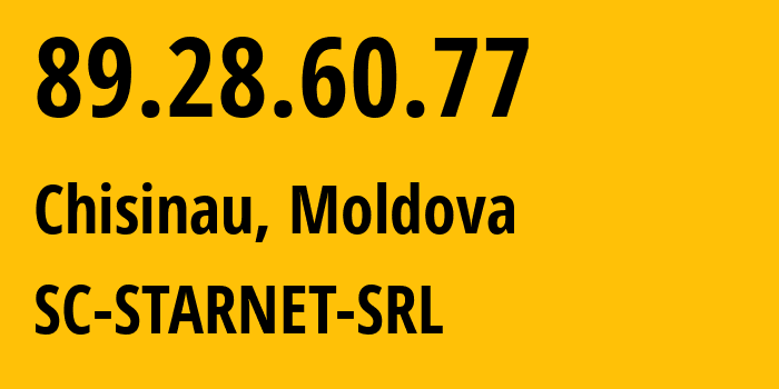 IP address 89.28.60.77 (Chisinau, Chișinău Municipality, Moldova) get location, coordinates on map, ISP provider AS31252 SC-STARNET-SRL // who is provider of ip address 89.28.60.77, whose IP address