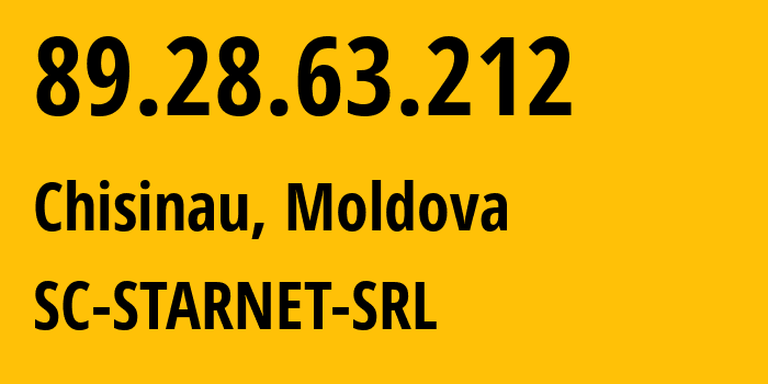 IP address 89.28.63.212 (Chisinau, Chișinău Municipality, Moldova) get location, coordinates on map, ISP provider AS31252 SC-STARNET-SRL // who is provider of ip address 89.28.63.212, whose IP address