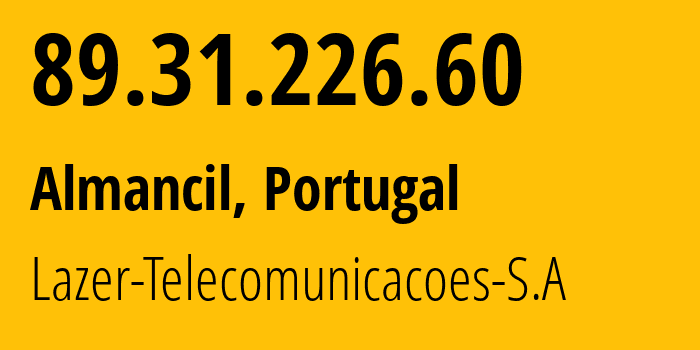 IP-адрес 89.31.226.60 (Алмансил, Фару, Португалия) определить местоположение, координаты на карте, ISP провайдер AS47202 Lazer-Telecomunicacoes-S.A // кто провайдер айпи-адреса 89.31.226.60