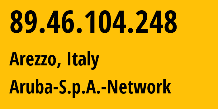 IP-адрес 89.46.104.248 (Ареццо, Тоскана, Италия) определить местоположение, координаты на карте, ISP провайдер AS31034 Aruba-S.p.A.-Network // кто провайдер айпи-адреса 89.46.104.248