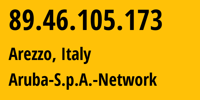 IP address 89.46.105.173 (Arezzo, Tuscany, Italy) get location, coordinates on map, ISP provider AS31034 Aruba-S.p.A.-Network // who is provider of ip address 89.46.105.173, whose IP address