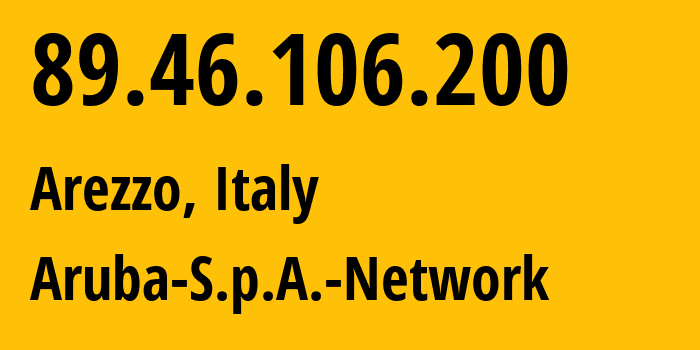 IP-адрес 89.46.106.200 (Ареццо, Тоскана, Италия) определить местоположение, координаты на карте, ISP провайдер AS31034 Aruba-S.p.A.-Network // кто провайдер айпи-адреса 89.46.106.200