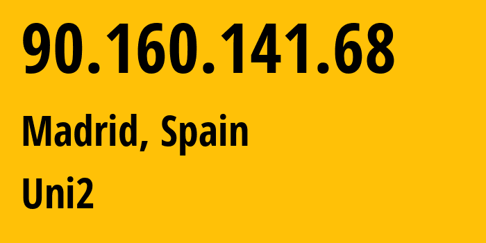 IP address 90.160.141.68 (Alcorcón, Madrid, Spain) get location, coordinates on map, ISP provider AS12479 Uni2 // who is provider of ip address 90.160.141.68, whose IP address
