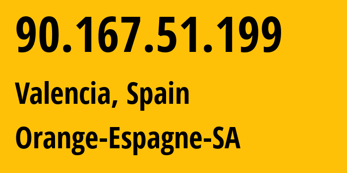 IP-адрес 90.167.51.199 (Валенсия, Область Валенсия, Испания) определить местоположение, координаты на карте, ISP провайдер AS12479 Orange-Espagne-SA // кто провайдер айпи-адреса 90.167.51.199
