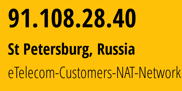 IP address 91.108.28.40 (St Petersburg, St.-Petersburg, Russia) get location, coordinates on map, ISP provider AS42065 eTelecom-Customers-NAT-Network // who is provider of ip address 91.108.28.40, whose IP address