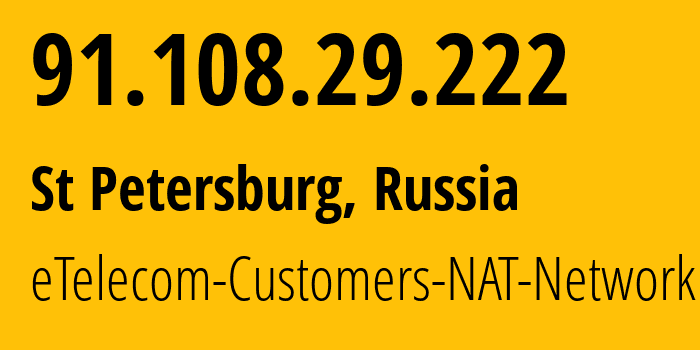 IP address 91.108.29.222 (St Petersburg, St.-Petersburg, Russia) get location, coordinates on map, ISP provider AS42065 eTelecom-Customers-NAT-Network // who is provider of ip address 91.108.29.222, whose IP address