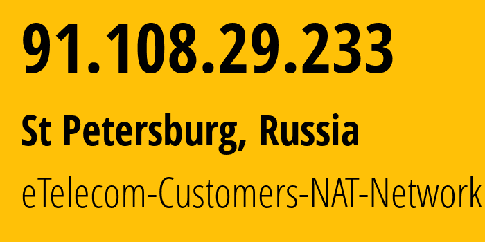 IP address 91.108.29.233 (Bugry, Leningrad Oblast, Russia) get location, coordinates on map, ISP provider AS42065 eTelecom-Customers-NAT-Network // who is provider of ip address 91.108.29.233, whose IP address