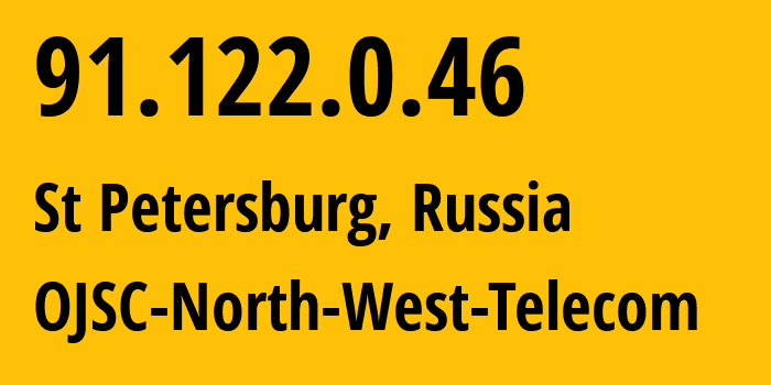 IP-адрес 91.122.0.46 (Санкт-Петербург, Санкт-Петербург, Россия) определить местоположение, координаты на карте, ISP провайдер AS12389 OJSC-North-West-Telecom // кто провайдер айпи-адреса 91.122.0.46