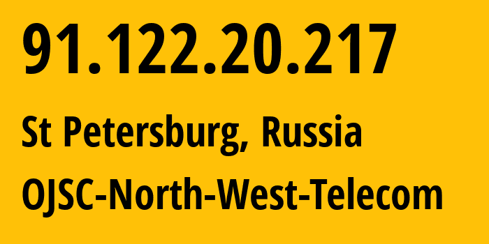 IP-адрес 91.122.20.217 (Санкт-Петербург, Санкт-Петербург, Россия) определить местоположение, координаты на карте, ISP провайдер AS12389 OJSC-North-West-Telecom // кто провайдер айпи-адреса 91.122.20.217