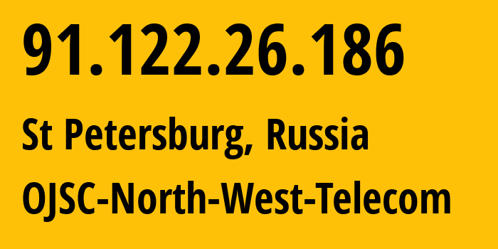 IP-адрес 91.122.26.186 (Санкт-Петербург, Санкт-Петербург, Россия) определить местоположение, координаты на карте, ISP провайдер AS12389 OJSC-North-West-Telecom // кто провайдер айпи-адреса 91.122.26.186