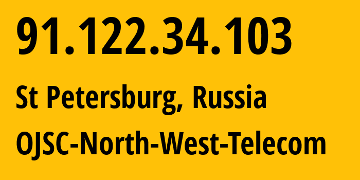 IP-адрес 91.122.34.103 (Санкт-Петербург, Санкт-Петербург, Россия) определить местоположение, координаты на карте, ISP провайдер AS12389 OJSC-North-West-Telecom // кто провайдер айпи-адреса 91.122.34.103