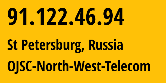 IP address 91.122.46.94 (St Petersburg, St.-Petersburg, Russia) get location, coordinates on map, ISP provider AS12389 OJSC-North-West-Telecom // who is provider of ip address 91.122.46.94, whose IP address