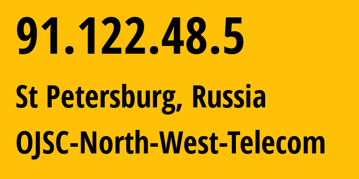 IP-адрес 91.122.48.5 (Санкт-Петербург, Санкт-Петербург, Россия) определить местоположение, координаты на карте, ISP провайдер AS12389 OJSC-North-West-Telecom // кто провайдер айпи-адреса 91.122.48.5