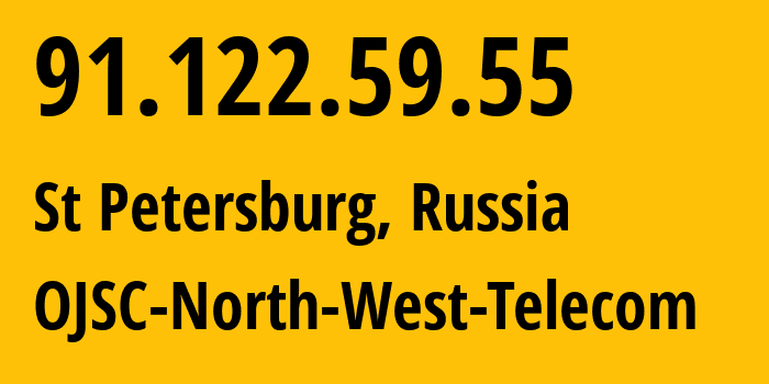 IP-адрес 91.122.59.55 (Санкт-Петербург, Санкт-Петербург, Россия) определить местоположение, координаты на карте, ISP провайдер AS12389 OJSC-North-West-Telecom // кто провайдер айпи-адреса 91.122.59.55