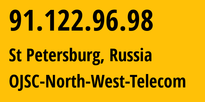 IP address 91.122.96.98 (St Petersburg, St.-Petersburg, Russia) get location, coordinates on map, ISP provider AS12389 OJSC-North-West-Telecom // who is provider of ip address 91.122.96.98, whose IP address