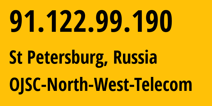 IP address 91.122.99.190 (St Petersburg, St.-Petersburg, Russia) get location, coordinates on map, ISP provider AS12389 OJSC-North-West-Telecom // who is provider of ip address 91.122.99.190, whose IP address