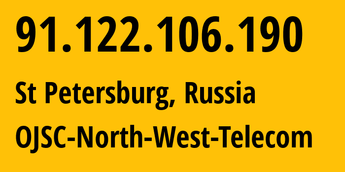 IP address 91.122.106.190 (St Petersburg, St.-Petersburg, Russia) get location, coordinates on map, ISP provider AS12389 OJSC-North-West-Telecom // who is provider of ip address 91.122.106.190, whose IP address