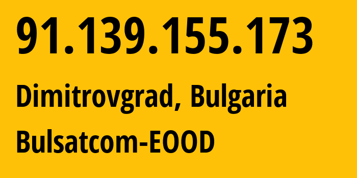 IP-адрес 91.139.155.173 (Димитровград, Haskovo, Болгария) определить местоположение, координаты на карте, ISP провайдер AS43205 Bulsatcom-EOOD // кто провайдер айпи-адреса 91.139.155.173