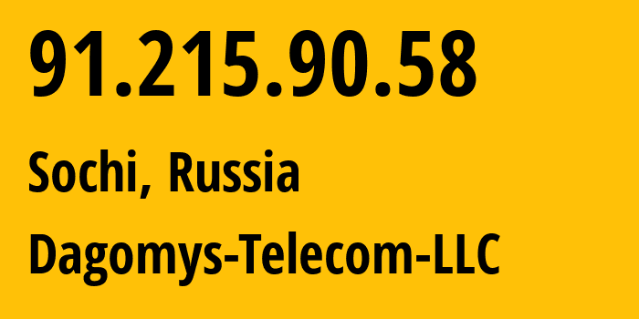 IP-адрес 91.215.90.58 (Сочи, Краснодарский край, Россия) определить местоположение, координаты на карте, ISP провайдер AS48078 Dagomys-Telecom-LLC // кто провайдер айпи-адреса 91.215.90.58