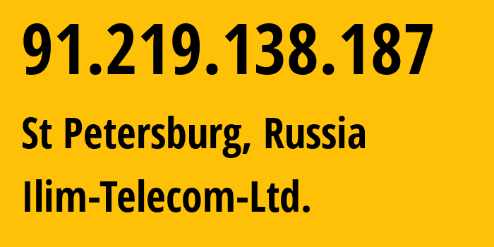 IP-адрес 91.219.138.187 (Железнодорожный, Иркутская Область, Россия) определить местоположение, координаты на карте, ISP провайдер AS51655 Ilim-Telecom-Ltd. // кто провайдер айпи-адреса 91.219.138.187