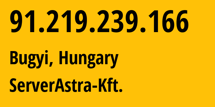 IP-адрес 91.219.239.166 (Bugyi, Пешт, Венгрия) определить местоположение, координаты на карте, ISP провайдер AS56322 ServerAstra-Kft. // кто провайдер айпи-адреса 91.219.239.166