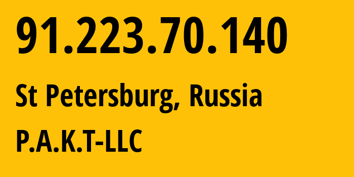 IP-адрес 91.223.70.140 (Санкт-Петербург, Санкт-Петербург, Россия) определить местоположение, координаты на карте, ISP провайдер AS39087 P.A.K.T-LLC // кто провайдер айпи-адреса 91.223.70.140